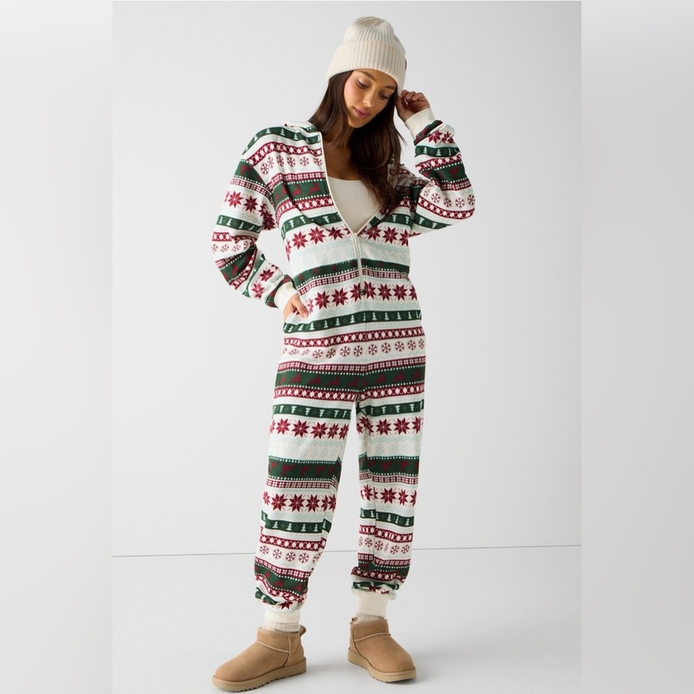 Fabletics Festive Patterned Jumpsuit - Red, Green, White